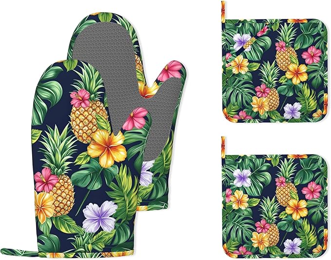 Pineapple Heat-Resistant Silicone Oven Mitts and Pot Holders,Hawaiian Tropical Palm Leave Flower Long Oven Gloves with Non-Slip Grip for Cooking, Baking, Grilling,BBQ