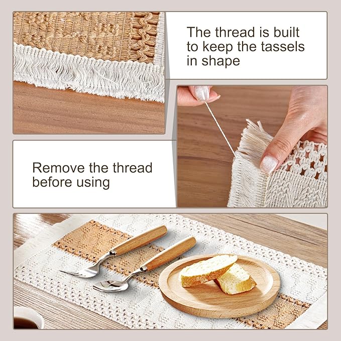 Boho Placemats Set of 6, Macrame Place Mats in Natural Cotton Burlap, Farmhouse Style Dining Table Mats for Indoors & Outdoors, Rustic Kitchen Home Decor
