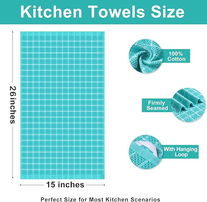 Homaxy 100% Cotton Kitchen Towels 4 Pack-15 X 25 Inches, Check Design Waffle Weave Hand Tea Towels, Super Soft and Absorbent Dish Towel for Drying Dishes, Aqua