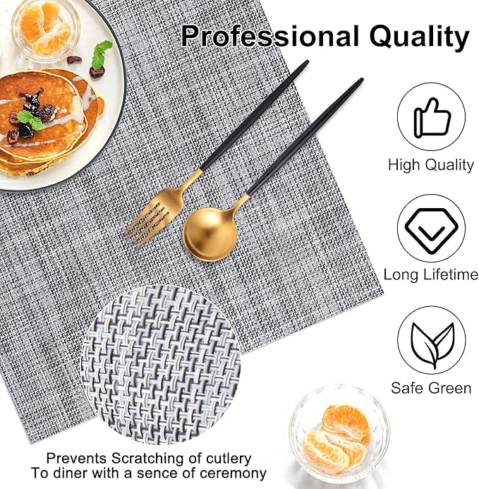 Vinyl Placemats Set of 8, PVC Woven Washable Non-Slip Table Mats, Heat Resistant Wrinkle Free Place Mats for Dining Table, Easy to Clean (8, Light Grey)