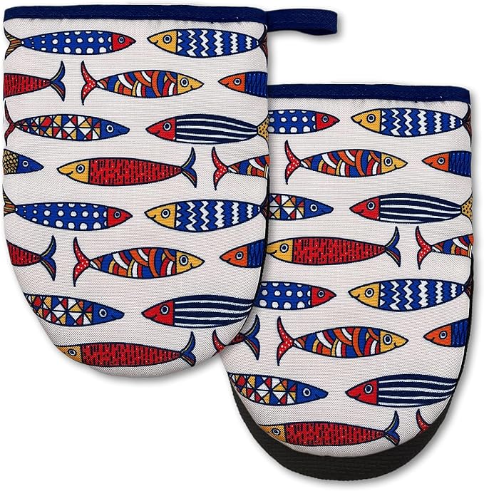 Linen Fish Mini Silicone Oven Mitts 2-Pack Set, Heat Slip Resistant Kitchen Gloves, Soft Short Oven Mittens for Safe Cooking Baking Grilling
