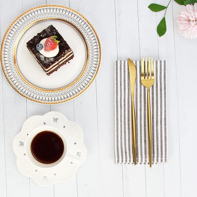 Plain Striped Cotton Linen Blended Dinner Cloth Napkins - Set of 12 (40 x 30 cm) - for Events & Home Use (Brown)