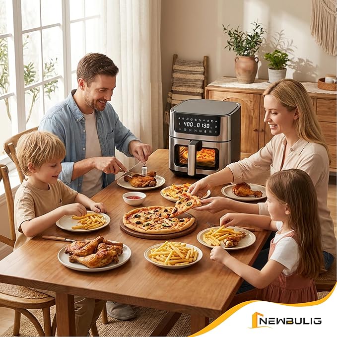 NEWBULIG Air Fryer 6.34QT, Airfryer with Visible Window, 400℉ Fast Heating Air Fryers Oven with Nonstick and Dishwasher-Safe Basket, 8-in-1 Cooking Preset, Timer，Auto-Off, Stainless Steel, Grey
