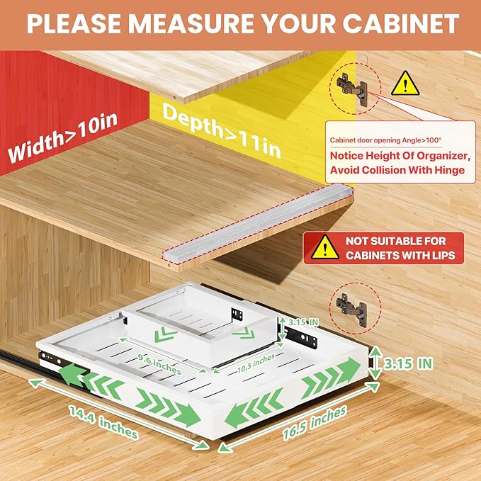 2 Pack Pull out Cabinet Organizer, Width (10"-15") Depth (11"-17"), with 3 Rails Adjustable Slide, Expandable Drawers for Cabinets, No Drill Adhesive Kitchen Drawers for Pantry Shelves white