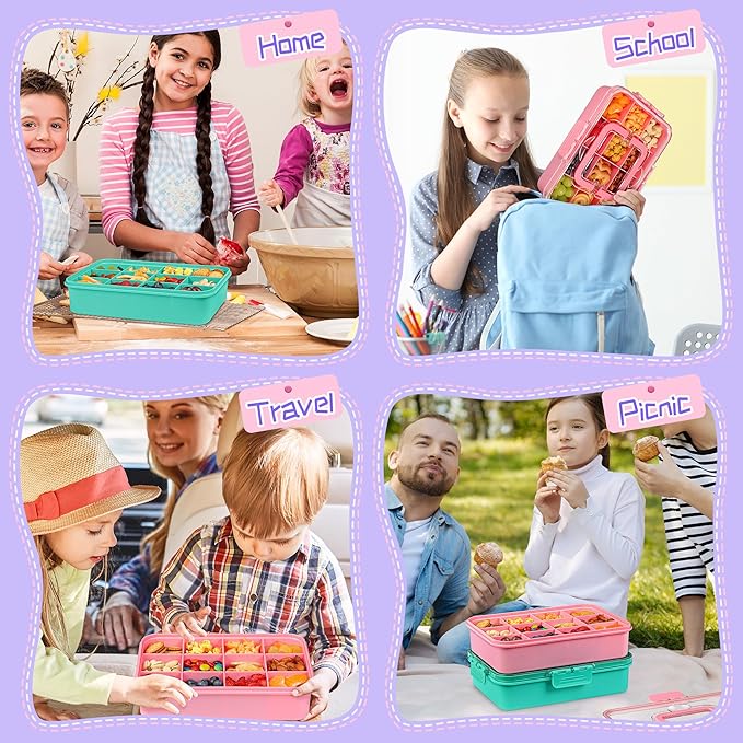 Xyptorix 2 Pcs Snack Box Container for Kids - Adjustable 12-Compartment Snack Containers, Reusable Bento Box, Dishwasher Safe, BPA-Free, Perfect for School, Travel, Camping & Picnic, Pink & Green