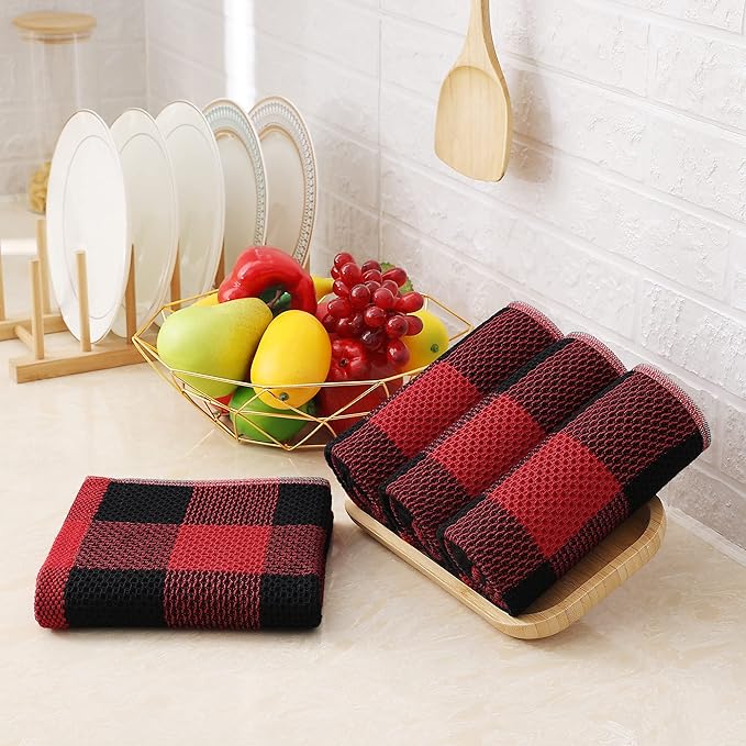 Homaxy 100% Cotton Waffle Weave Check Plaid Kitchen Towels, 13 x 28 Inches, Super Soft and Absorbent Dish Towels for Drying Dishes, 6-Pack, Black & Red