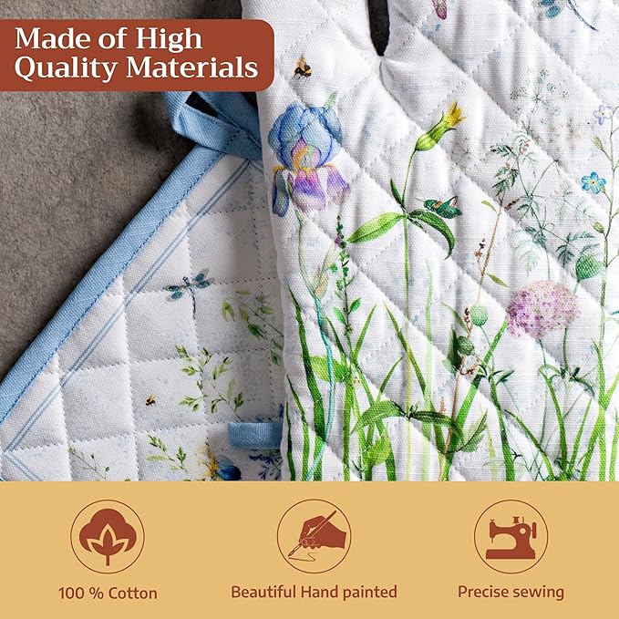 Maison d' Hermine 100% Cotton Oven Mitt & Pot Holder Set (7.5"x13" & 8"x8") Heat Resistant BBQ Cooking Gloves with Loop Baking Grilling Kitchen Gifts for Mothers Day Spring/Summer (Fleurs De Mai)