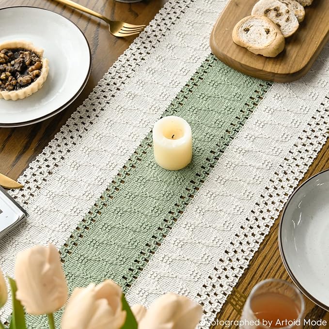 Artoid Mode Light Green Farmhouse Rustic Table Runner, Seasonal Holiday Hollow Kitchen Dining Table Decoration for Home Party Decor 12x90 Inch