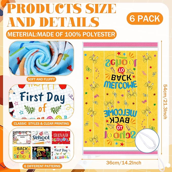 Breling Set of 6 Welcome Back to School Towels First Day of School Hand Dish Towels Highly Absorbent Decorative Classroom Cleaning Cloths for Classroom Bathroom Decorations Gifts, 14 x 21 Inch