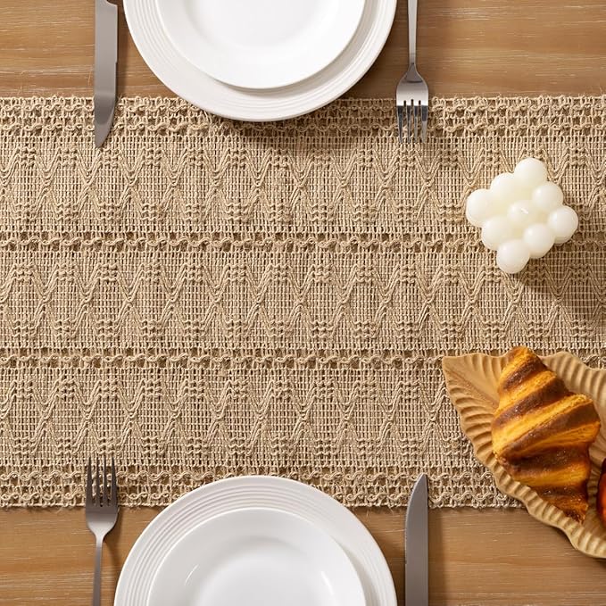 Socomi Boho Table Runner Easter Spring Farmhouse Burlap Jute Bamboo Rustic Dining Kitchen Centerpiece Decor Small Macrame Woven Coffee Table Runner for Dresser Scarf Home Decor 12x60 inch