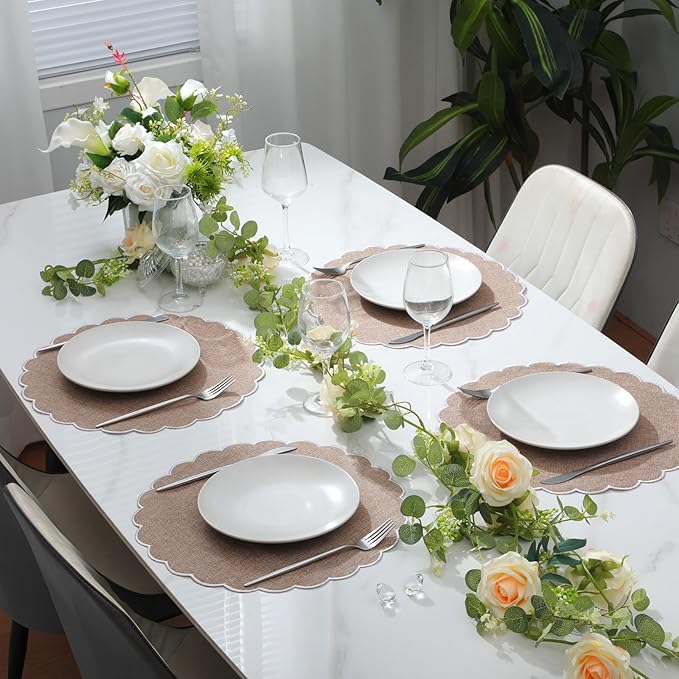 Set of 6 Round Placemats 15 Inch Cotton Scalloped Embroidery Placemat Washable Double Layered Rustic Dinner Table Mat Decor Fabric for Hotel Restaurant Kitchen(Flaxen/White,Classic)