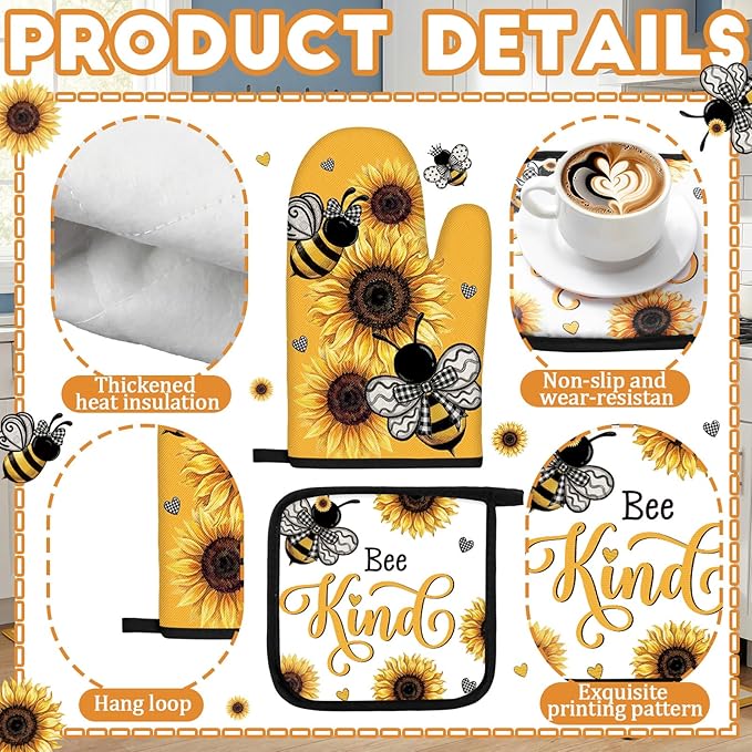 Fourluoo 10 Pcs Sunflower Kitchen Accessory Bee Oven Mitts and Pot Holder Set Retro Black Dish Towel Summer Rugs Mats Farmhouse Kitchen Accessories for Chef Baking Cooking Grilling BBQ Women Home Gift