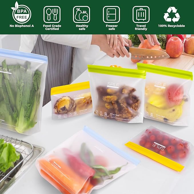SPLF 8 Pack Stand-Up Reusable Half Gallon Freezer Bags Dishwasher Safe, Extra Thick Leakproof 1/2 Gallon Food Storage Bags, BPA Free Silicone for Meal Prep, Marinate, Veggies, Fridge Organization
