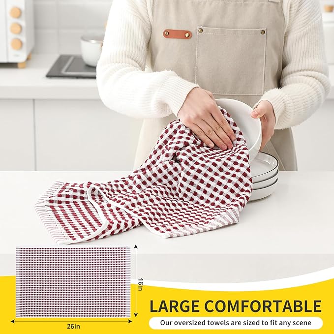 SALAS Cotton Dish Towels Cloths for Kitchen Drying Dishes, Lattice Terry Kitchen Towels, Absorbent Cloths with Hanging Loop, 16‘’ x 26‘’, 6 Packs, Wine Red