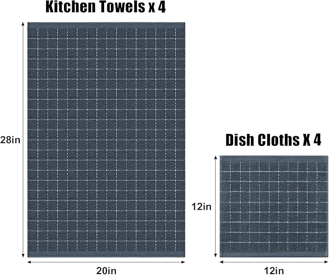 Homaxy Kitchen Towels and Dishcloths Set, 12 x 12 and 20 x 28 Inches, Set of 8 Bulk Cotton Terry Kitchen Towels Set, Checkered Designed, Soft and Super Absorbent Dish Towels, Dark Grey