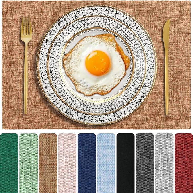 Cloth Placemats Set of 4, Cotton Linen Blend Machine Washable Double Layered Place Mats, Heat Resistant Placemats Wrinkle Free Thick Fabric Dining Table Mats for Indoors & Outdoors (Flaxen, 4)