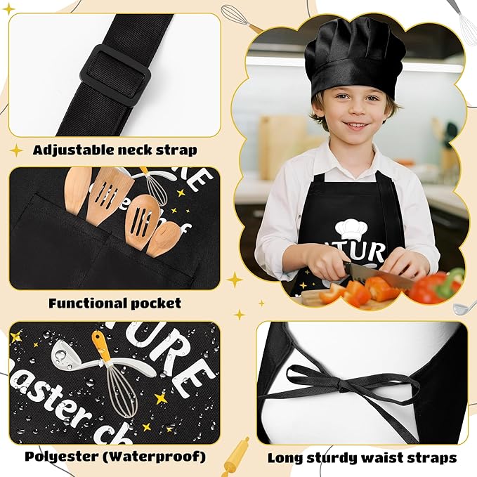 GROBRO7 4Pcs Kids Apron and Chef Hat Set Gift for Boys Girls, Chef in Training Future Master Chef Pattern Adjustable Kitchen Apron with 2 Pockets Waterproof Smocks for Baking Cooking Painting Training