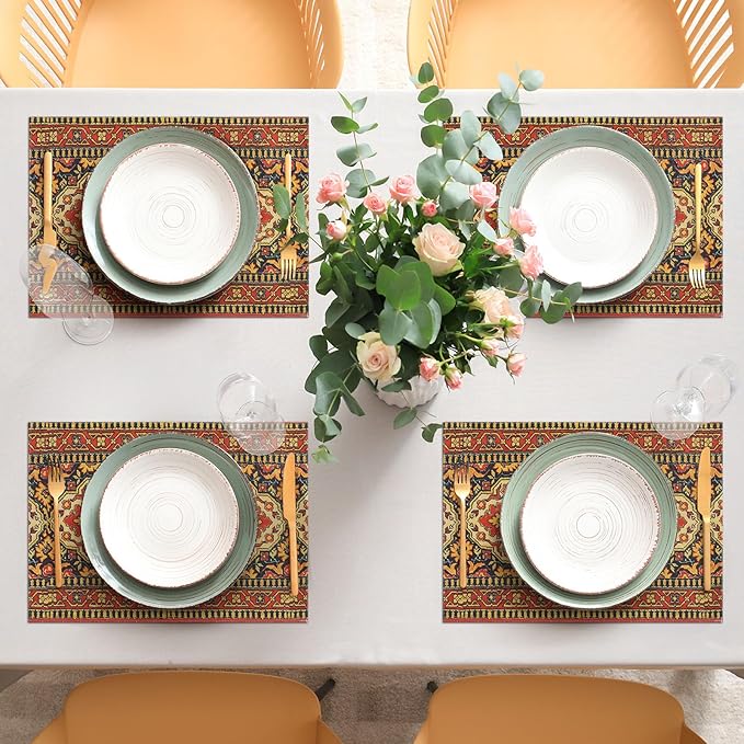 comfoyar Boho Vintage Red Placemats Set of 4, 12x18Inch Non-Slip Linen Bohemia Flower Place Mats, Washable Absorbent Rustic Country Style Table Mats for Framhouse Kitchen Dining Party Table Decoration