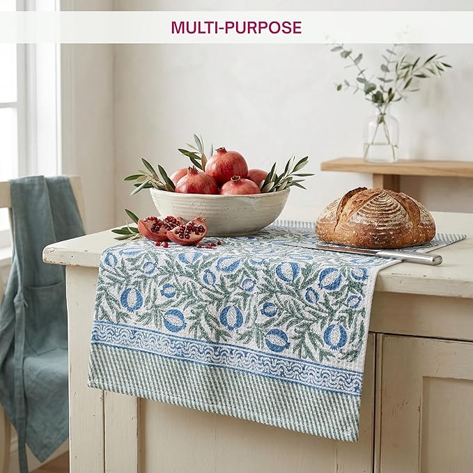 ATOSII 100% Cotton Hand Block Print Waffle Kitchen Towel, Set of 3, 18 x 26 Inches Ultra Absorbent Quick Dry Dish Towels, Lightweight Reusable Sustainable Tea Towels for Cleaning and Drying, Anar Blue