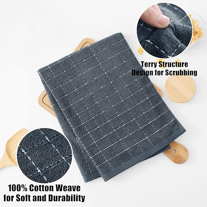 Homaxy Kitchen Towels and Dishcloths Set, 12 x 12 and 20 x 28 Inches, Set of 8 Bulk Cotton Terry Kitchen Towels Set, Checkered Designed, Soft and Super Absorbent Dish Towels, Dark Grey