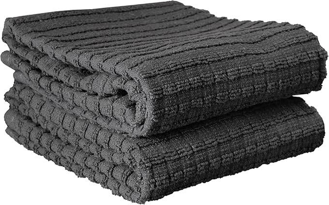 Ritz Royale Collection 100% Combed Terry Cotton, Highly Absorbent, Kitchen Towel Set, 13-3/4" x 12", 4-Pack, Solid & Checked, Graphite