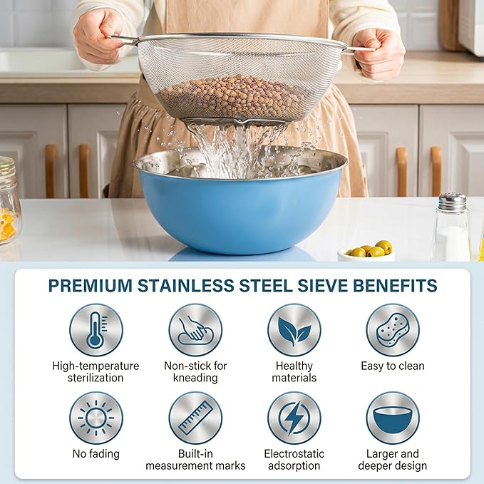 Stainless Steel Mixing Bowl and Colander Set, 3.5 Qt Rice Washer Strainer Bowl, 12"Fine Mesh Strainer with Handle for Rice, Cooked Pasta, Fruits,Versatile Kitchen Draining Set (Blue)