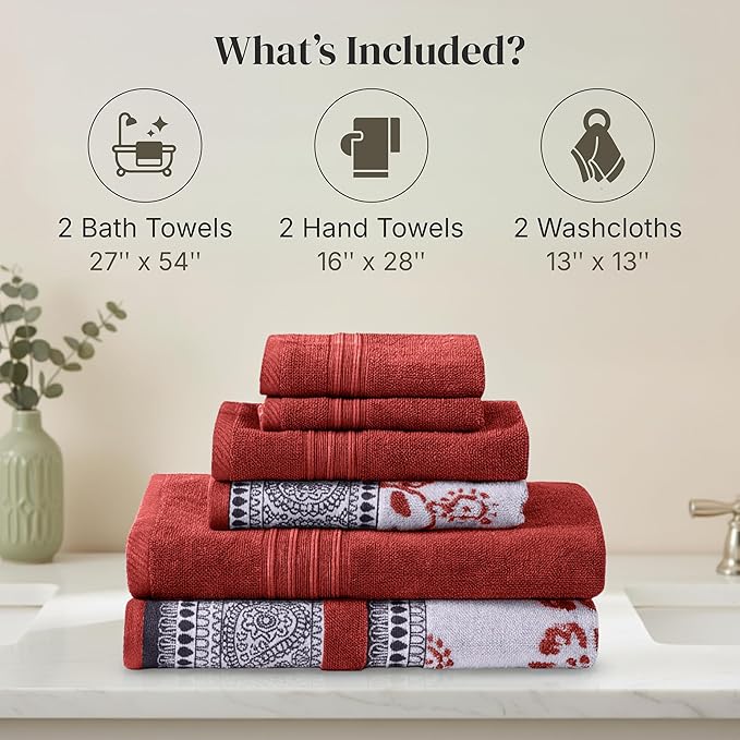 Modern Threads Floral Trail 6-Piece 100% Cotton Towel Set – Reversible Yarn Dyed Jacquard – Includes 2 Bath Towels, 2 Hand Towels, 2 Washcloths – Absorbent, Quick Dry, Soft & Durable – Rust Orange