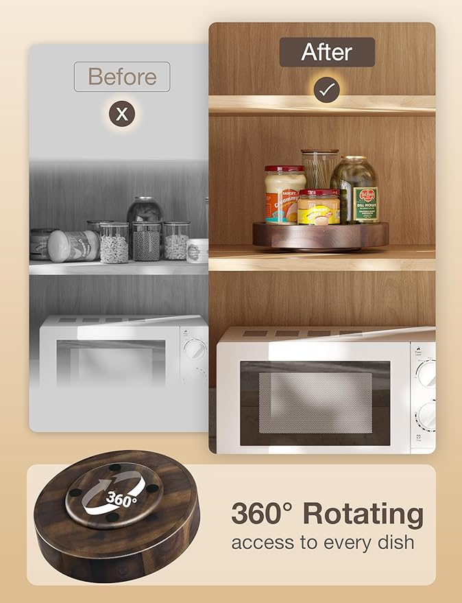 TIDITA 10” Small Lazy Susan Organizer, Acacia Wooden Lazy Susan Turntable for Cabinet - 360° Swivel Pantry Organizers and Storage for Home and Kitchen - Decorative Tray, Cheese Board (Walnut Color)