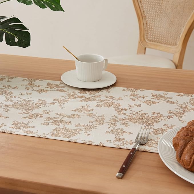 100% Cotton French Pastoral Table Runners, 13x108 Inch Brown Farmhouse Table Runners 108 Inches Long, Vintage Flowers Print Home Decors