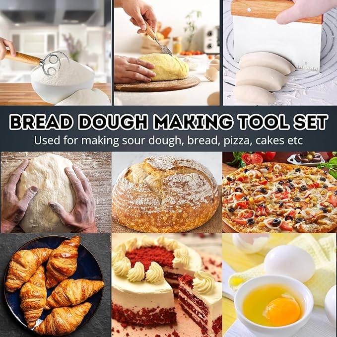 BOORIKA Sourdough Bread Baking Tool Set with Danish Dough Whisk, Bread Lame & Blades, Bench Scraper, Dough Scrapers and Silicone Brush – Sourdough Starter Kit