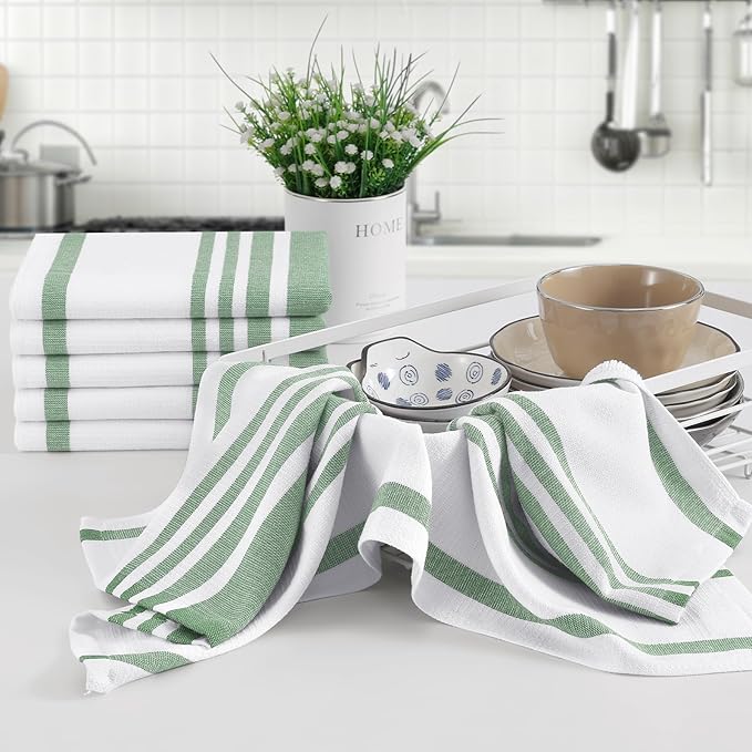 Homaxy Premium Kitchen Towels 18”x 28”, Large Cotton 380 GSM Kitchen Hand Towels, Stripe and Terry Dish Towel, Highly Absorbent Tea Towel Set with Hanging Loop, 8 Pack, Grass Green