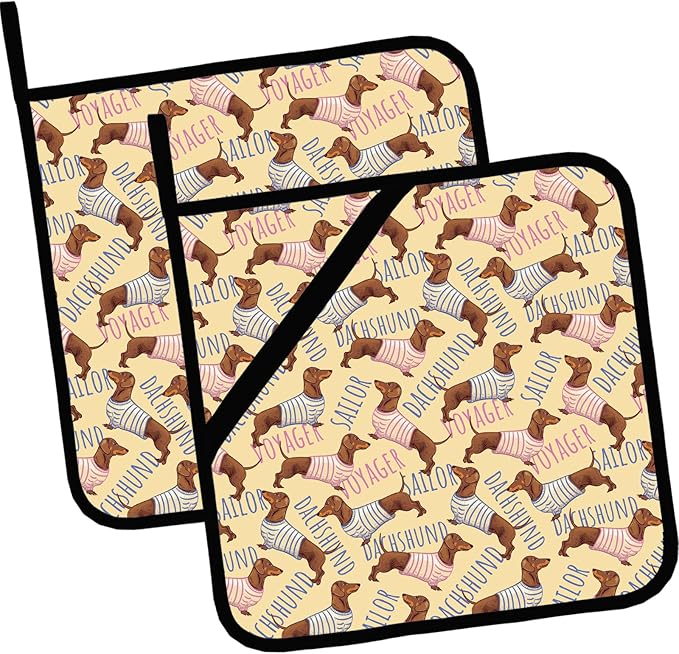 Funny Sailor Dachshund Pot Holders Set of 2,Cute Dog Kitchen Heat Resistant Potholder for Microwave Cooking Baking Oven and BBQ