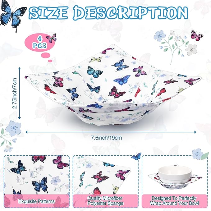Cunhill 4 Pcs Cotton Microwave Bowl Cozy Holders for Hot Food Hot Pads Soup Bowl Potholders Heat Resistant Multipurpose Quilted Safe Holders for Kitchen Plate Supply(Colorful,Butterfly Style)