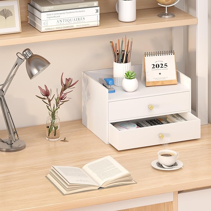 Bamboo Desk Organizer with Drawers Wooden Desktop Storage Drawers for Bills Office Supplies Kitchen Utensils Organizing Tool for Home Classroom Organization No Assembly (White, 2 Drawers)