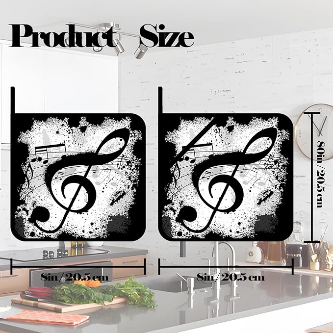 Music Notes Pot Holders Set of 2,Kitchen Heat Resistant Potholders for Microwave Cooking Baking Oven and BBQ Gifts for Women