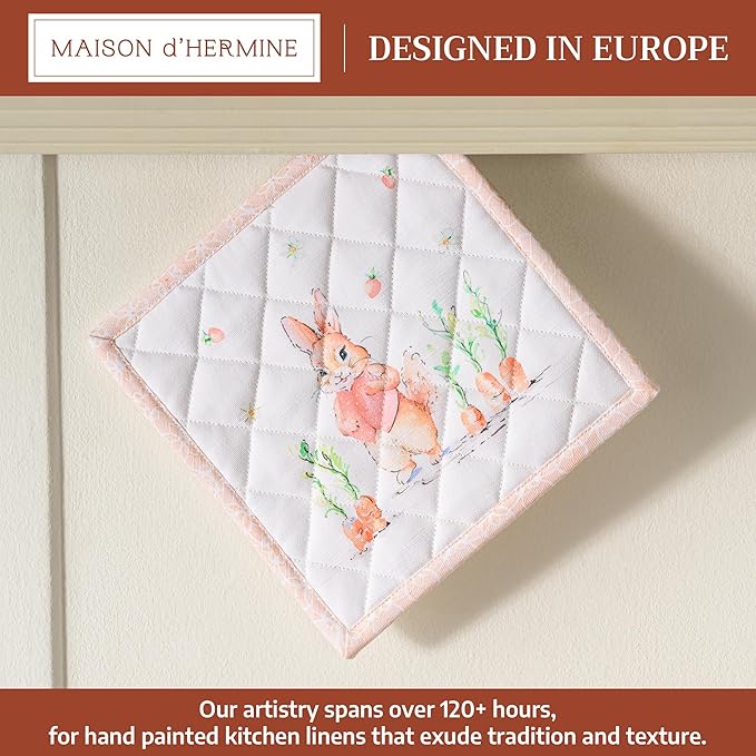 Maison d' Hermine Pot Holders 100% Cotton Heat Resistant Potholders 8" x 8" Hot Pads with Loop BBQ Cooking Baking Gifts for Mothers Day Handling Hot Pans Spring/Summer (Pack of 1, Bunny Party)