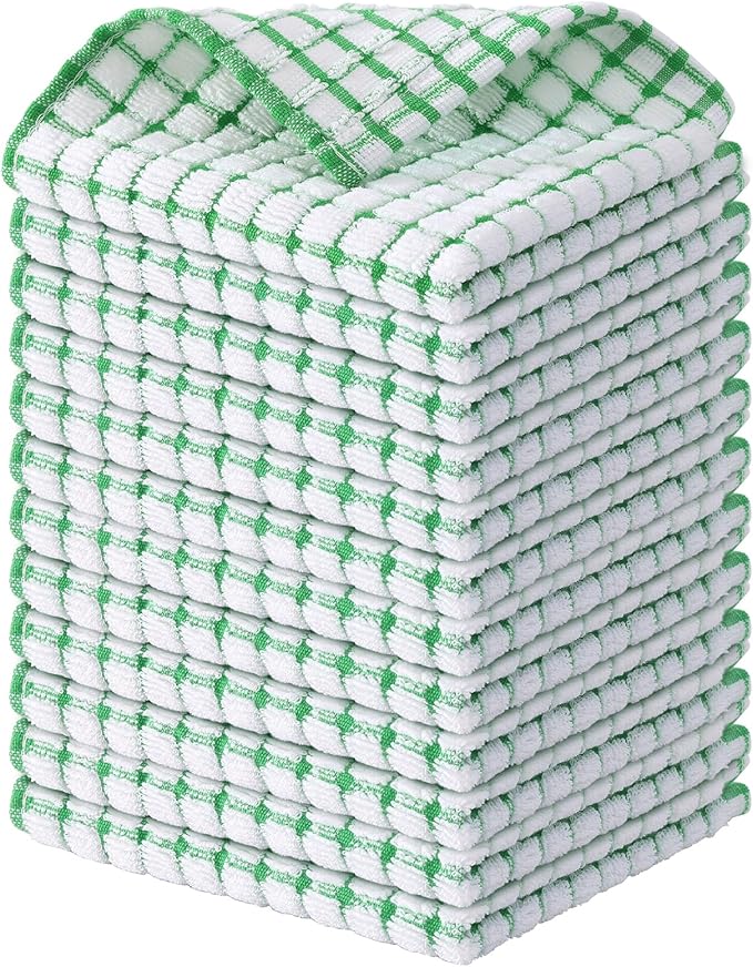 Kitinjoy Cotton 12 Pack Terry Kitchen Dish Cloths, 12 x 12 Inches Super Soft and Absorbent Dish Rags, Quick Drying Dish Towels for Washing Dishes, Green