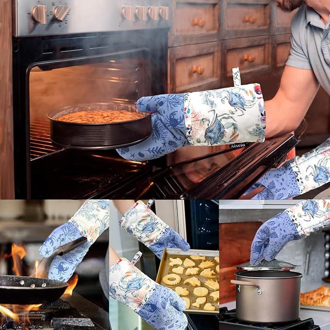 Alselo Oven Mitts, Heat Resistant with Soft Quilted Cotton Lining Set of 2, Fashion Crab Design with Silicone Printing Anti-Slip Kitchen Gloves for Safe Backing Cooking Barbecue (Lilac,Crab)