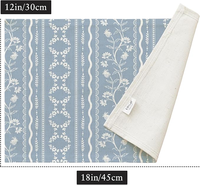 LilyCat Linen Fabric Blue Floral Placemats, Stripes Durable Boho Dining Table Mats for Kitchen, Rustic Vintage Washable Place Mats Set of 6, 18’’× 12’’