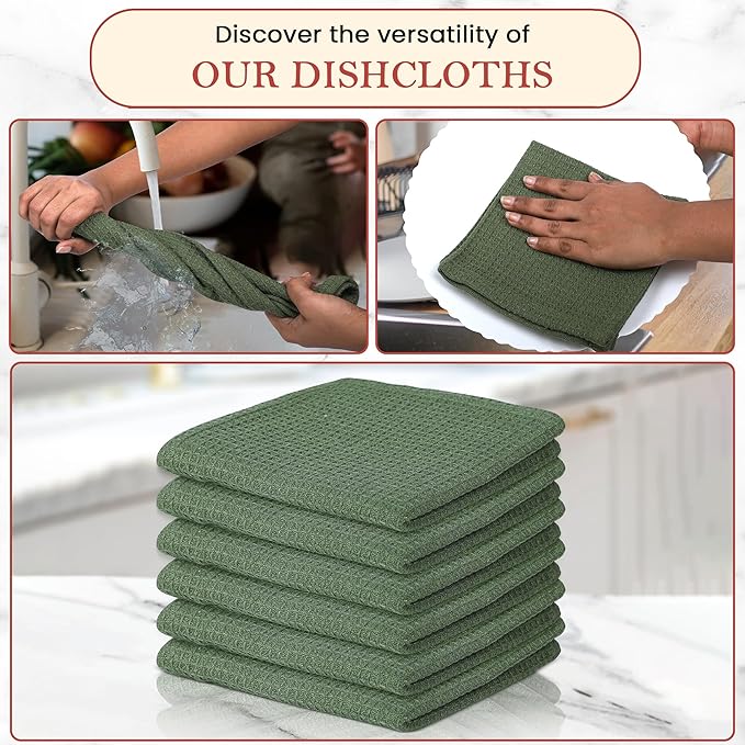 Vintage Vista 100% Cotton Waffle Dish Cloths (Pack of 6) - Dish Rags for Washing Dishes - Reusable & Highly Absorbent Kitchen Towels - Kitchen Rags fo Easter - (12" x 12" - Hunter Green)