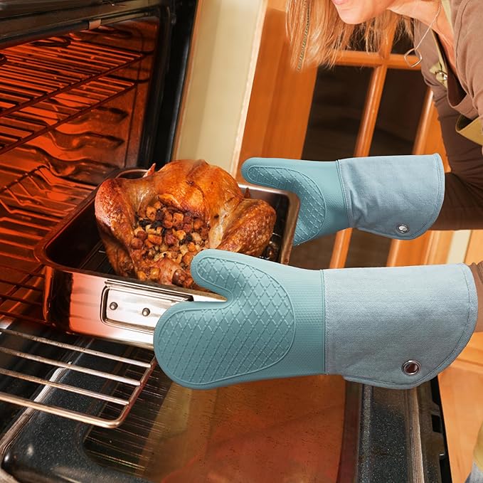 Professional Microwave Silicone Oven Mitts one Pair, Kitchen Mitten Set for Heat Resistant with 500 Degrees, Kitchen Gloves Pot Holder for BBQ Cooking Baking (Light Blue)