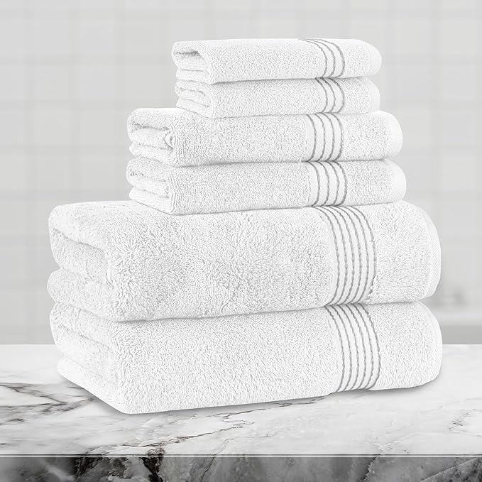Mocassi Luxury 100% Turkish Cotton 6-Piece Towel Set - Ultra Soft, Quick Dry Highly Absorbent Premium Spa Hotel Quality Bath Towels, Includes 2 Bath Towels, 2 Hand Towels and 2 Washcloths, White/Gray