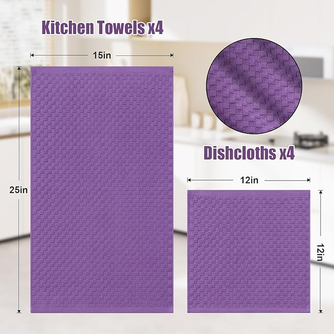 Homaxy 100% Cotton Kitchen Towels and Dishcloths Set, 12 x 12 & 15 x 25 Inches, Set of 8 Bulk Terry Cloth Dish Towels, Super Soft and Absorbent Hand Towel with Hanging Loop, Purple