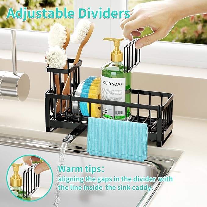 HapiRm Sponge Holder for Kitchen Sink - Self-draining Sink Caddy with Brush and Dishcloth Holders, Stainless Steel Kitchen Organizer for Countertop - Black