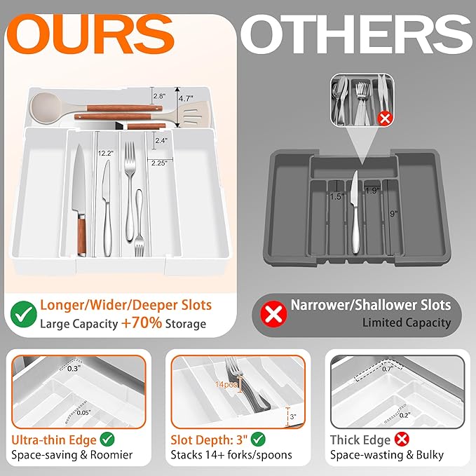 Spaclear Expandable Large Silverware Organizer - BPA-Free Utensil Organizer for Kitchen Drawer, Adjustable Silverware Drawer Organizer Flatware Cutlery Tray for Spoons Forks Knives,10.2"-17.2" Wide