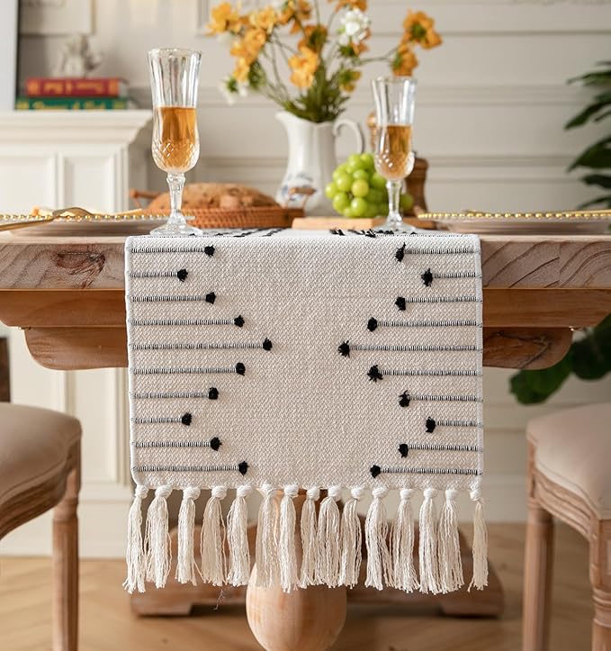 Boho Table Runner 13 x 60 Inch Long Natural Cotton Woven Runner with Tassels for Home Dining Table décor, for Modern Farmhouse Decor Coffee Table Runner, Black and Beige