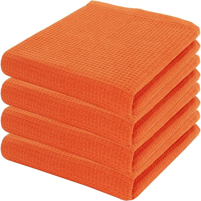 PurpleEssences Waffle Weave Kitchen Towel, 100% Cotton - 15x25 Inches with Hanging Loop, Ultra Soft Absorbent Quick Drying Dish Cloth, Tea and Hand Towels, 4 Pack - Spring Easter Summer - Orange