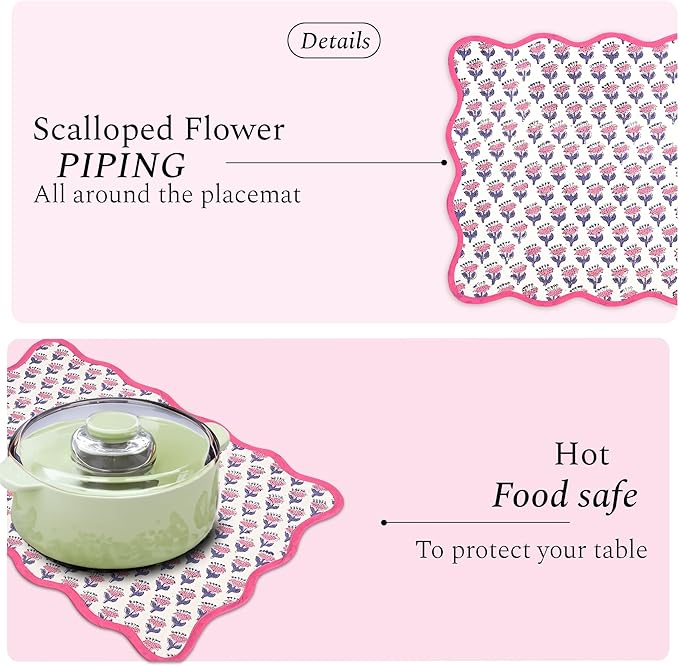 CPC Cotton Placemats Pink Sapphire Set of 4-Hand Block Printed Reversible Placemats, Flower Scalloped & Embroidered Cloth Table Mats - 14 x 20 inch Gift for Spring, Mother's Day