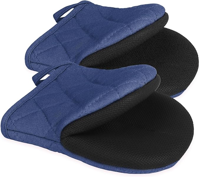 Short Oven Mitts, Heat Resistant 500°F, Silicone Grip Kitchen Gloves, Non-Slip for Baking, Grilling, BBQ, Machine Washable with Hanging Loop, 2-Pack Set, Denim Blue