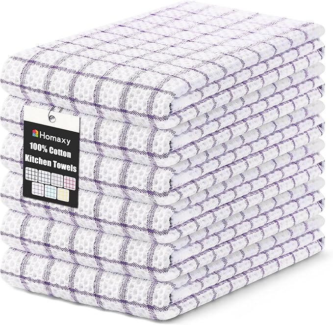 Homaxy 100% Cotton Kitchen Towels 6 Pack-15 X 25 Inches, Check Design Waffle Weave Hand Tea Towels, Super Soft and Absorbent Dish Towel for Drying Dishes, Purple
